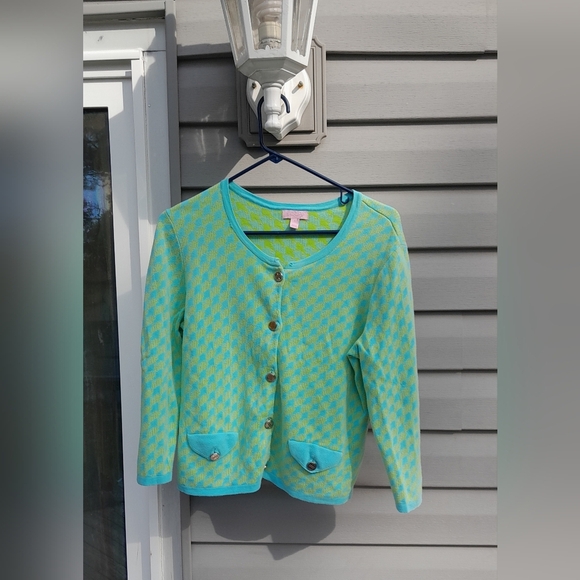 Lilly Pulitzer Aqua Blue and Green Button Up Cardigan Large - Picture 1 of 6